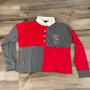 University of Wisconsin badgers polo crop top long sleeve grey gray white red